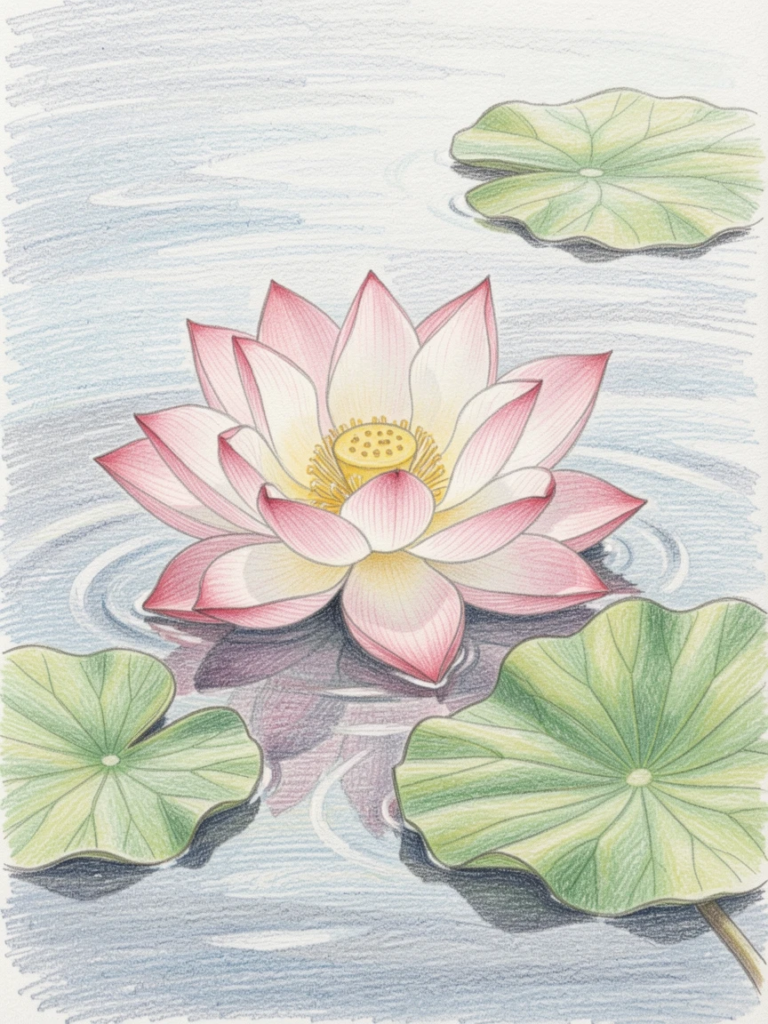A single lotus flower floating serenely on still water, with soft, diffused light creating a tranquil atmosphere, perfect for a calming, meditative atmosphere.