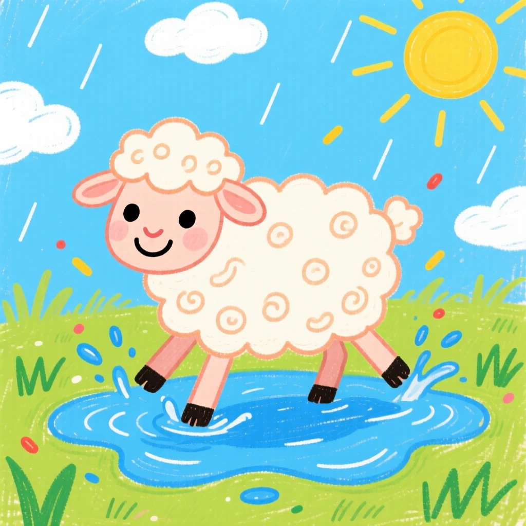 A woolly lamb splashing in a shallow puddle after rain.