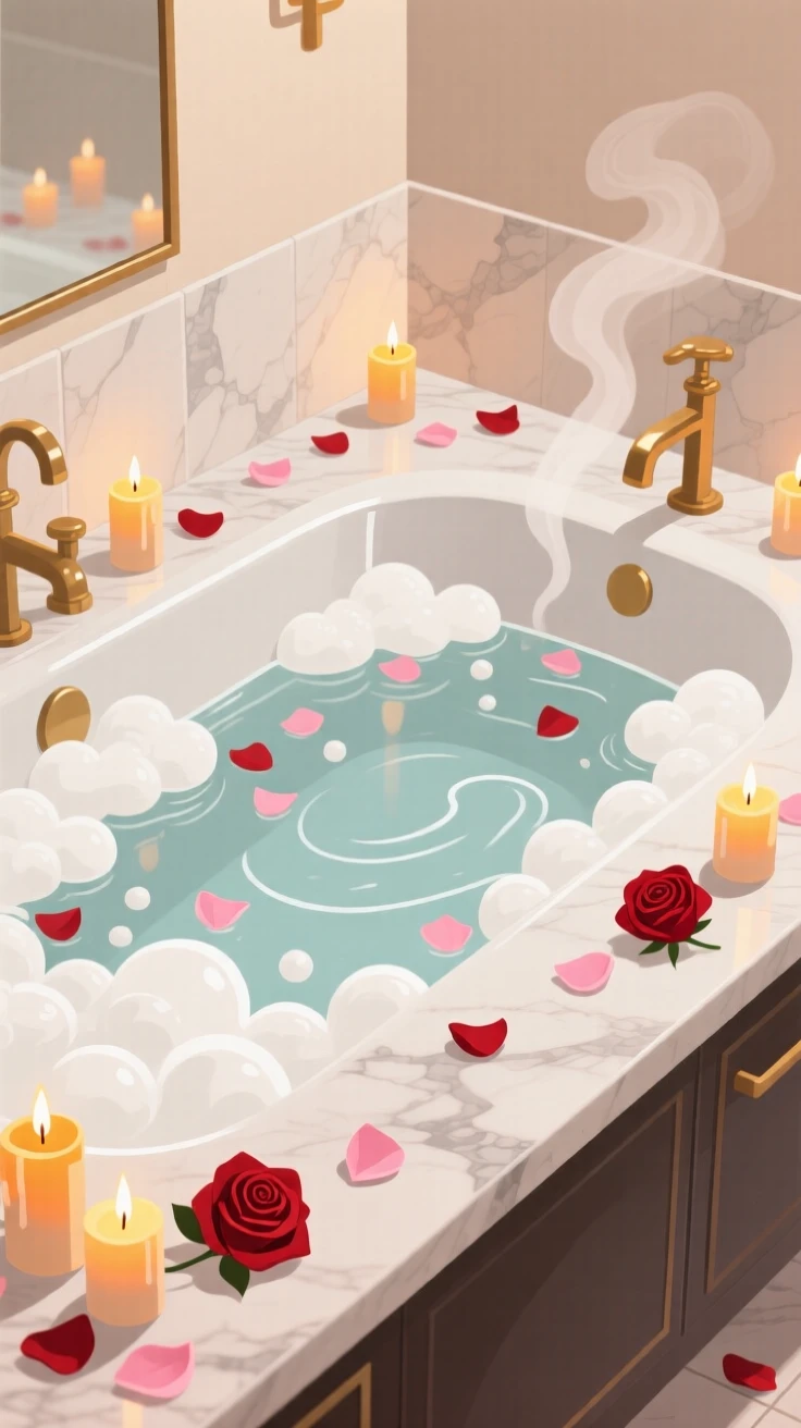 A relaxing bubble bath surrounded by candles and rose petals, arranged on a marble countertop with clean lines, captured from a comfortable eye-level perspective, with subtle steam rising to add a warm, lived-in feel.