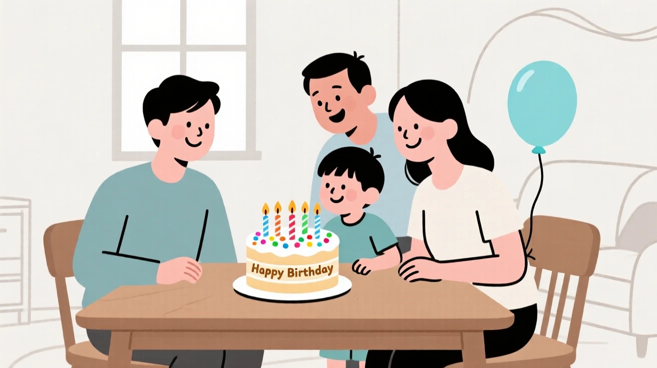 A family celebrating a birthday together at home.
