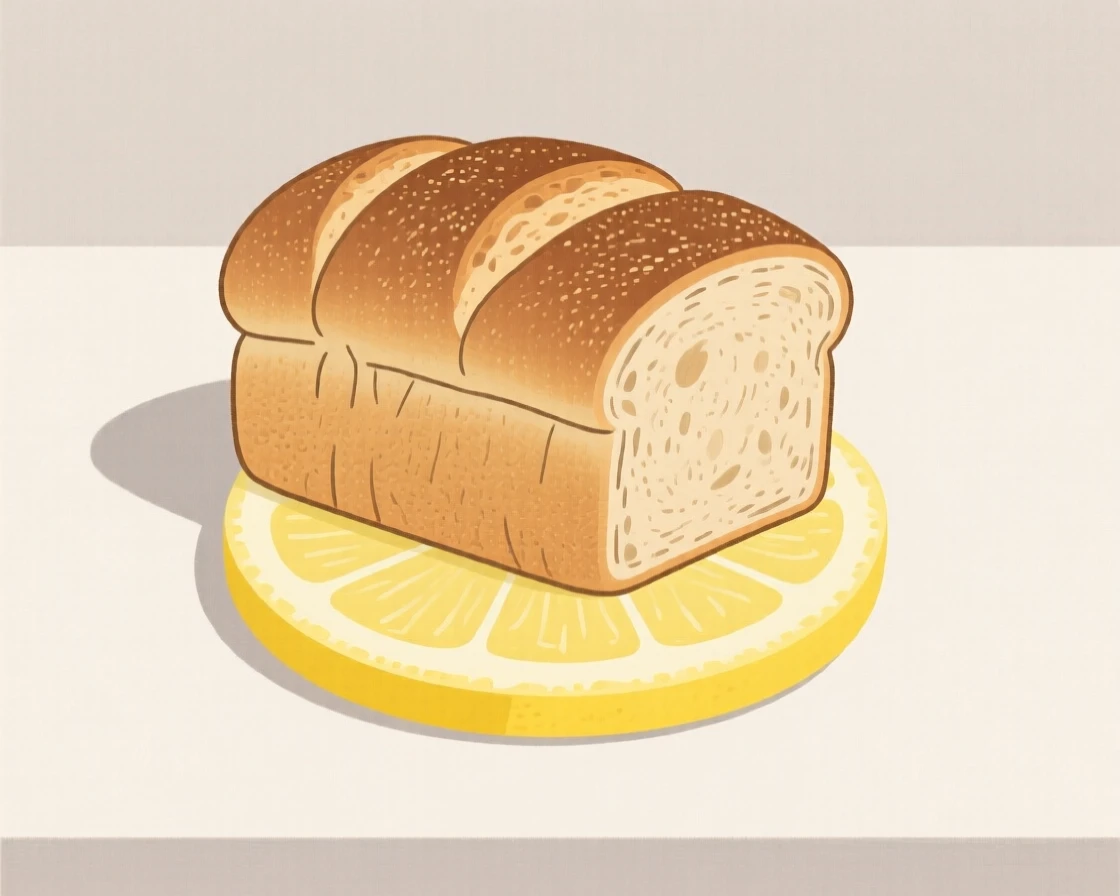 A freshly prepared loaf of crusty bread served on a slice of lemon, set in a cozy breakfast nook, inviting fresh vibrance.