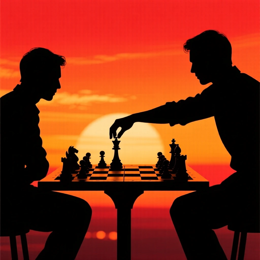 Two chess players facing off across a board, one hand hovering over a piece.