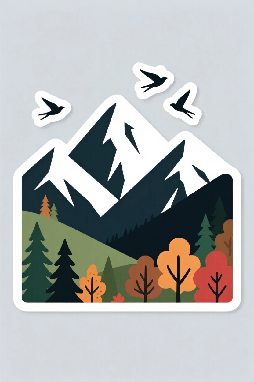 A serene snow-capped mountain range, with birds flying across the sky, as the seasons begin to change.