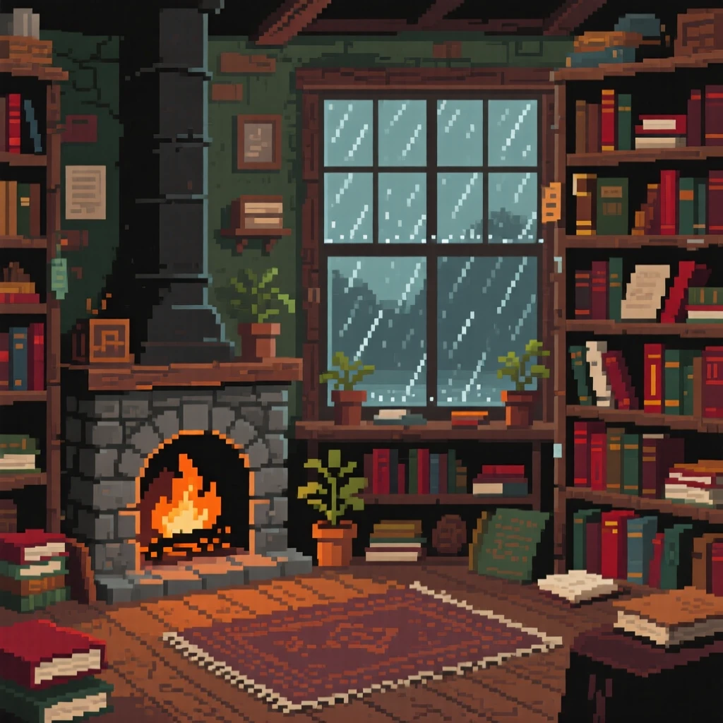 A fireplace corner with rain gently streaking the window beside it, within a cluttered but charming bookshop.