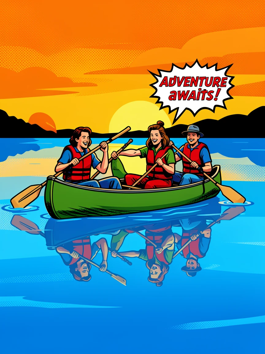 A group of friends canoeing across a mirror-still lake at dawn