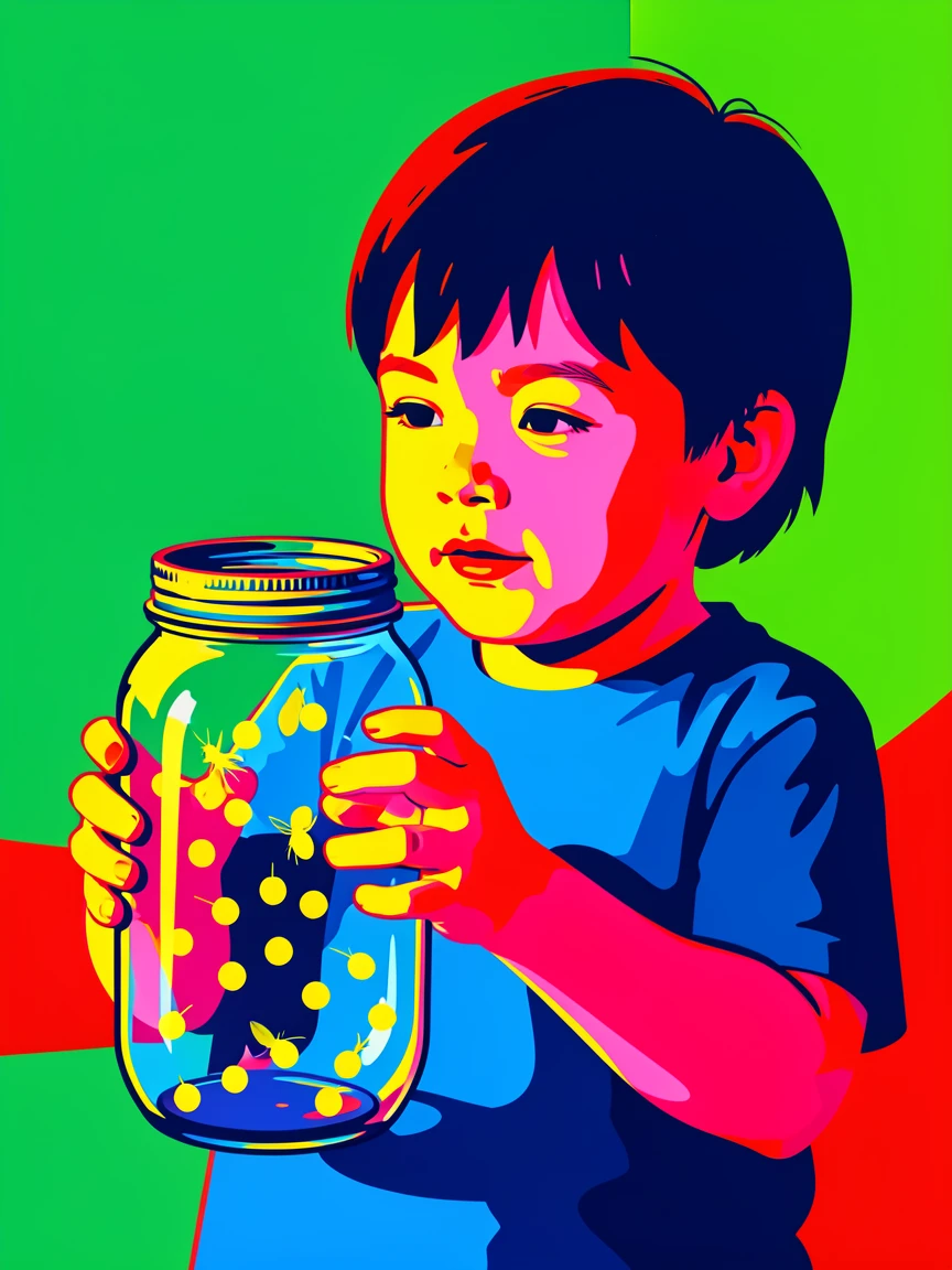 Child catching fireflies in a jar at dusk