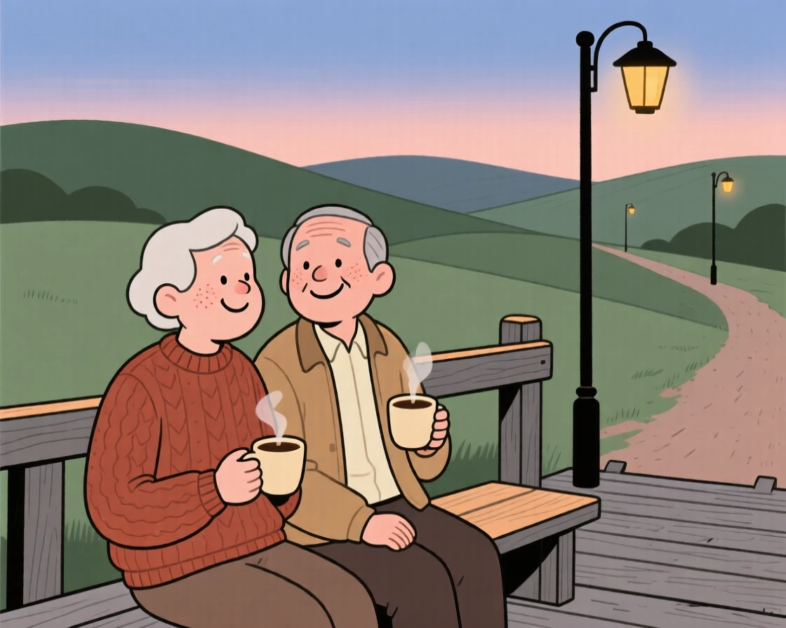 Two old friends sit on a dock railing overlooking the rolling hills, sharing cups of coffee and easy laughter as the streetlights flicker on one by one.