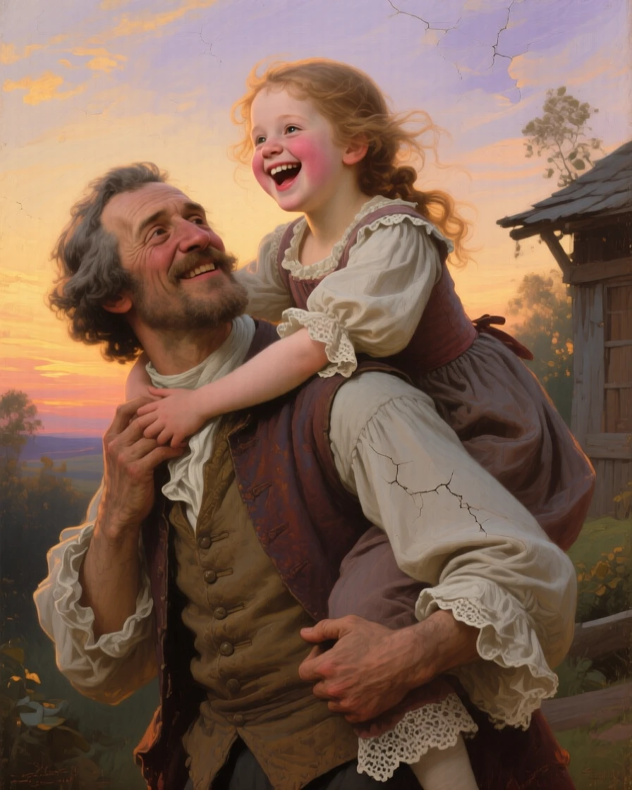 A tightly framed close-up of a proud father lifting his laughing daughter onto his shoulders, at dusk, in the 18th century.