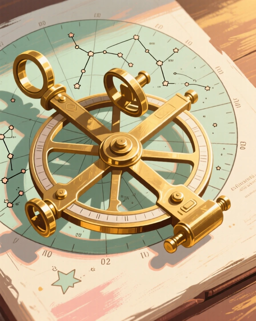 A vintage star chart resting beside an old brass sextant