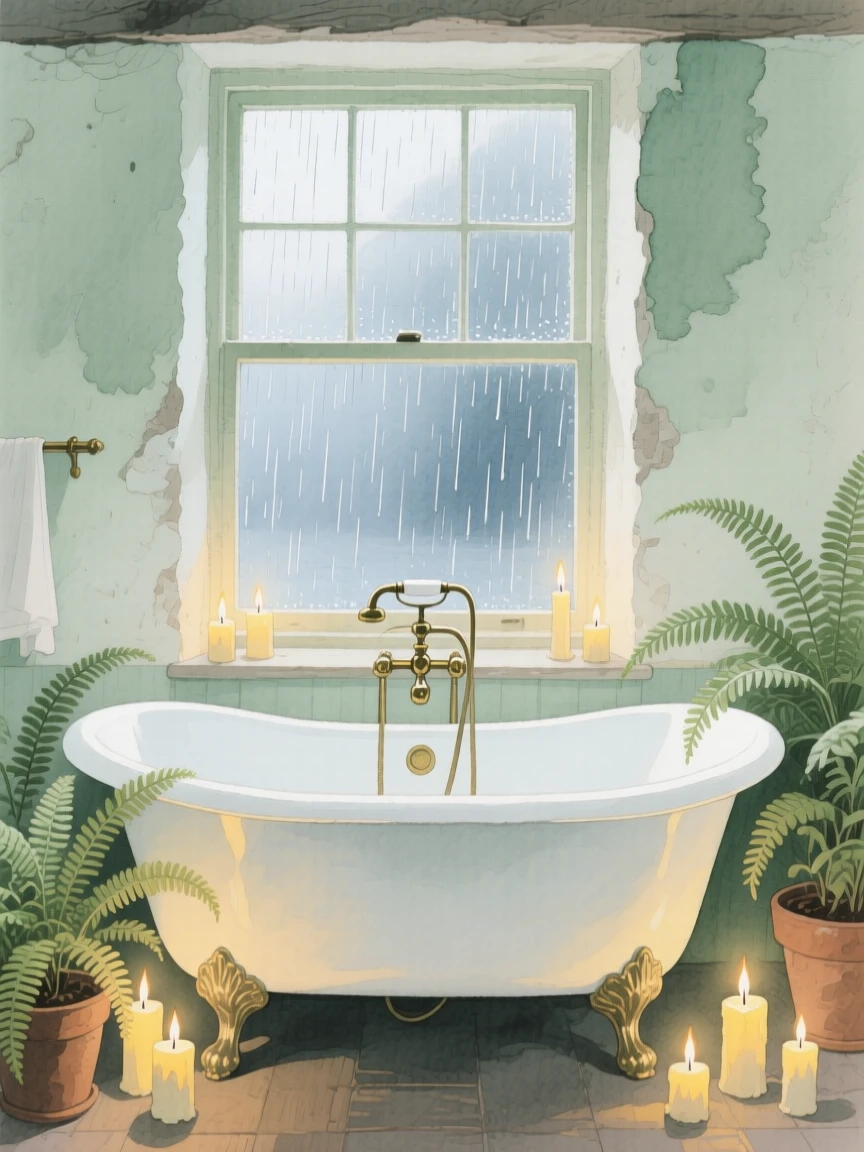 A vintage bathtub surrounded by candles and potted ferns sits beside a rain-streaked window in an old cottage bathroom
