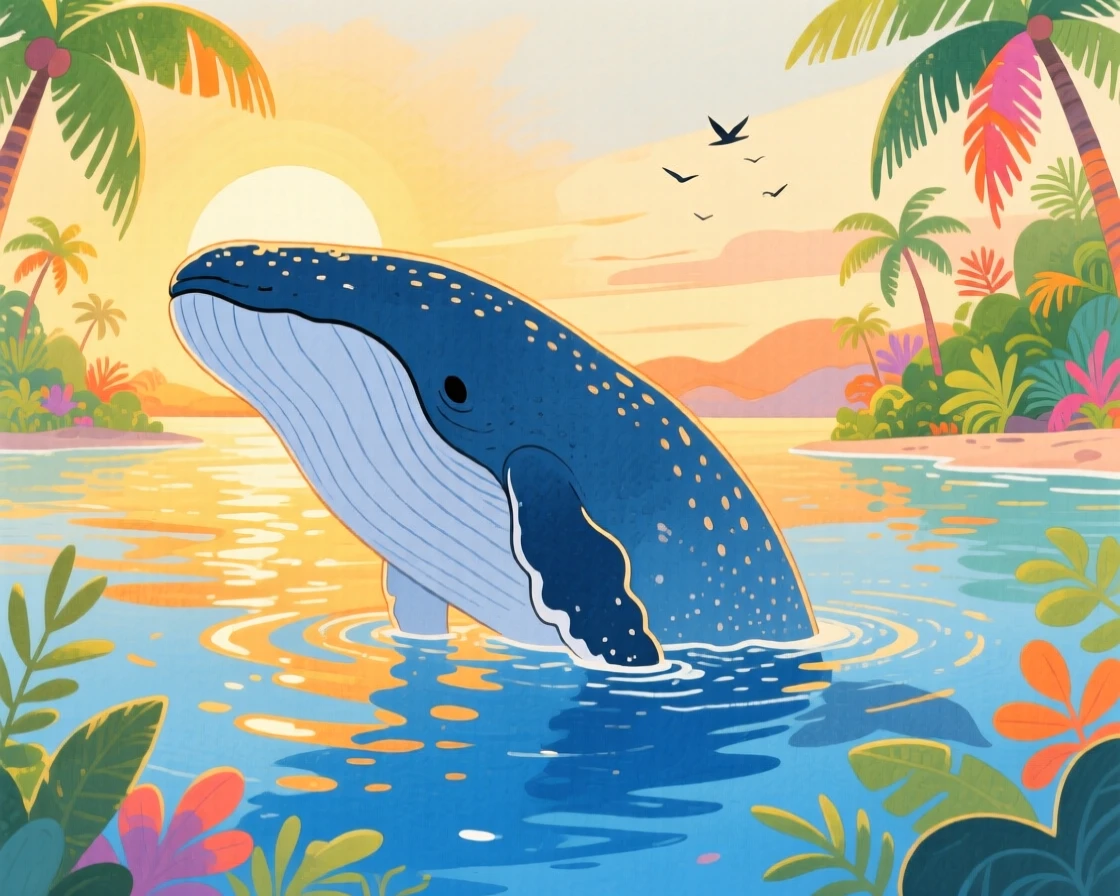 A majestic humpback whale exploring a tropical lagoon at the golden hour.