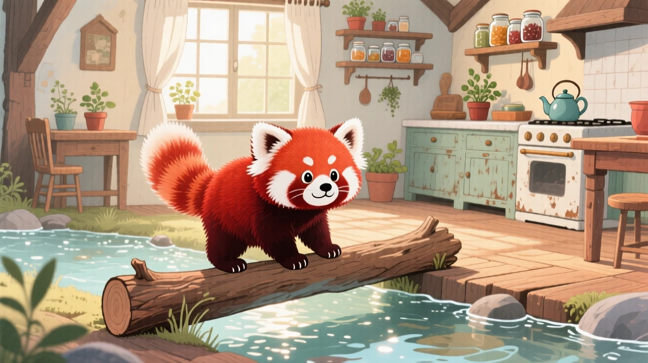 A red panda balancing on a log across a gentle stream, set in a cozy farmhouse kitchen with morning light streaming in, evoking warmth and gentle affection.