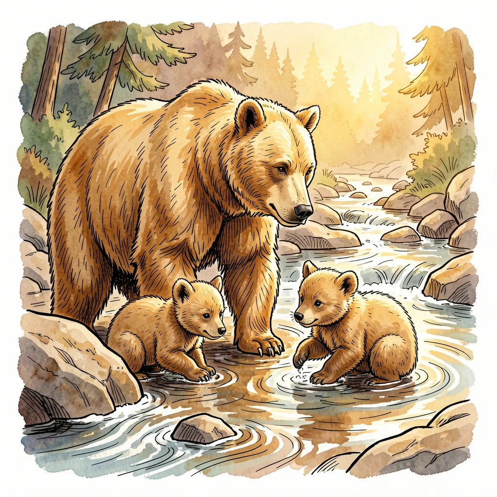 A mother bear teaching her cubs to fish in a rushing stream, the golden light of late afternoon warming the scene.