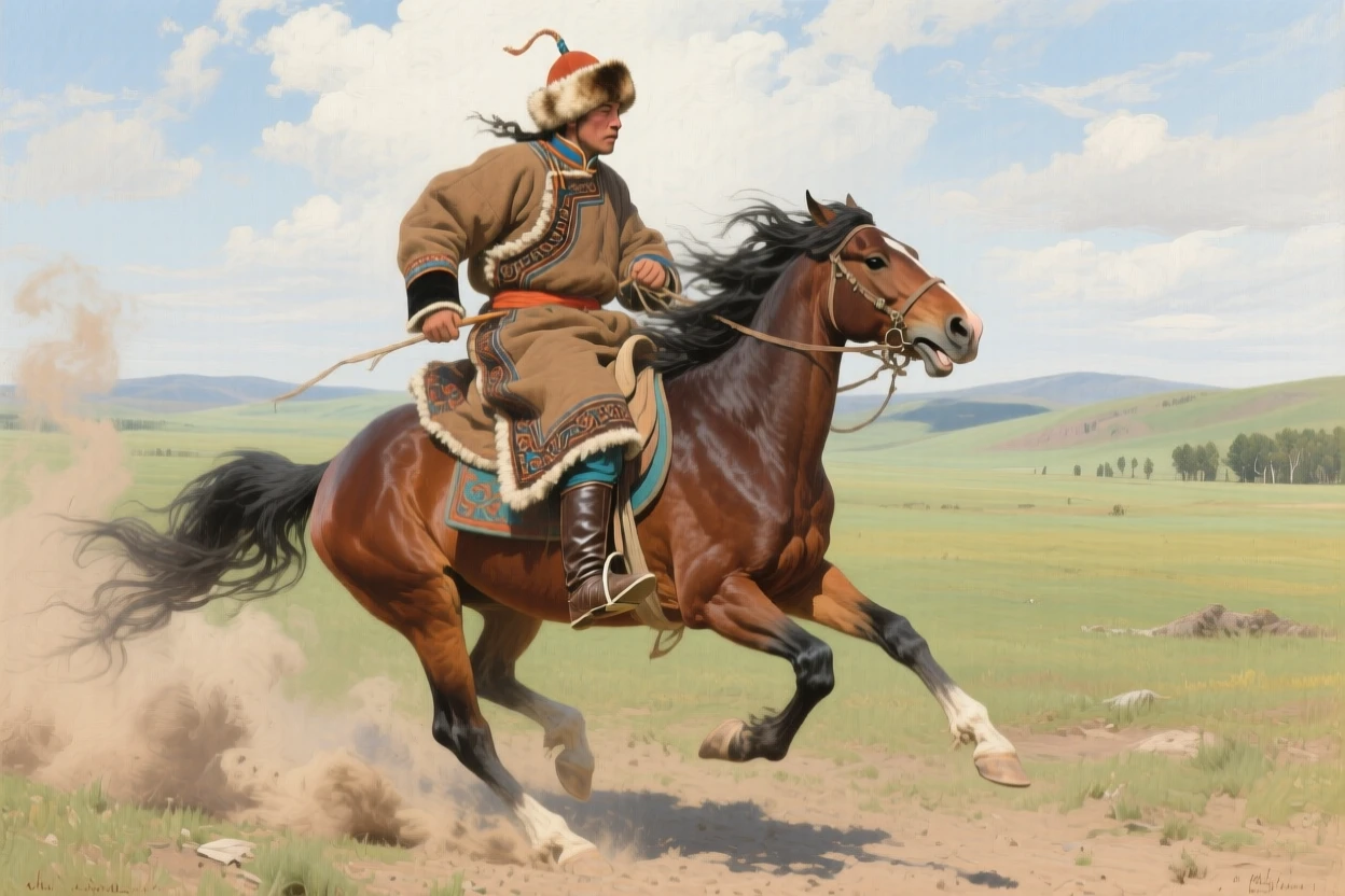 A Mongolian horseman galloping across the open steppe at full speed, with dust and motion conveying the energy of the historical moment, capturing the grandeur and detail of a bygone era