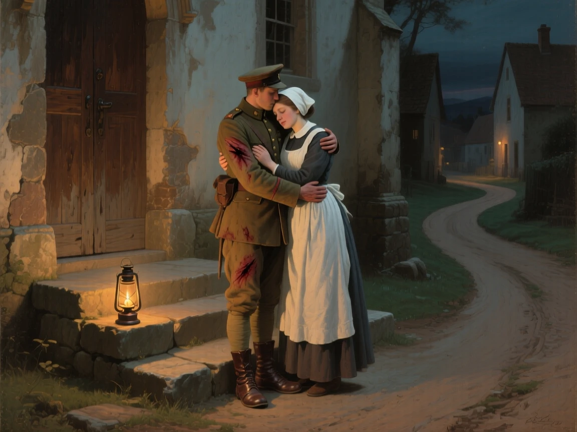 A nurse comforting a wounded soldier in a candlelit ward as the weight of years finally lifts, set on the worn steps of a village church, with a lantern's glow illuminating the reunion; converging paths in the background lead directly to the embracing pair, overflowing with tenderness, relief, and quiet triumph.