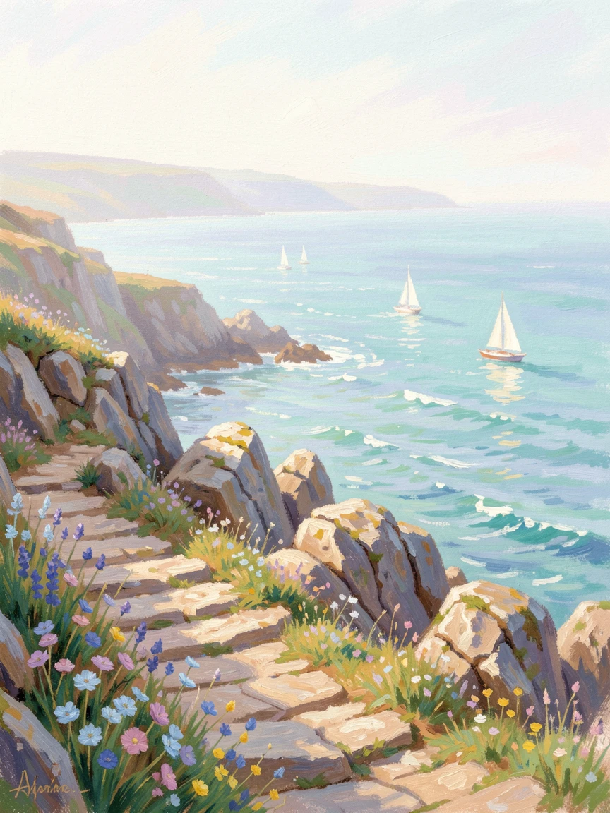 A coastal cliff path in Cornwall, wildflowers clinging to the rocks, sailboats dotting the sea below.