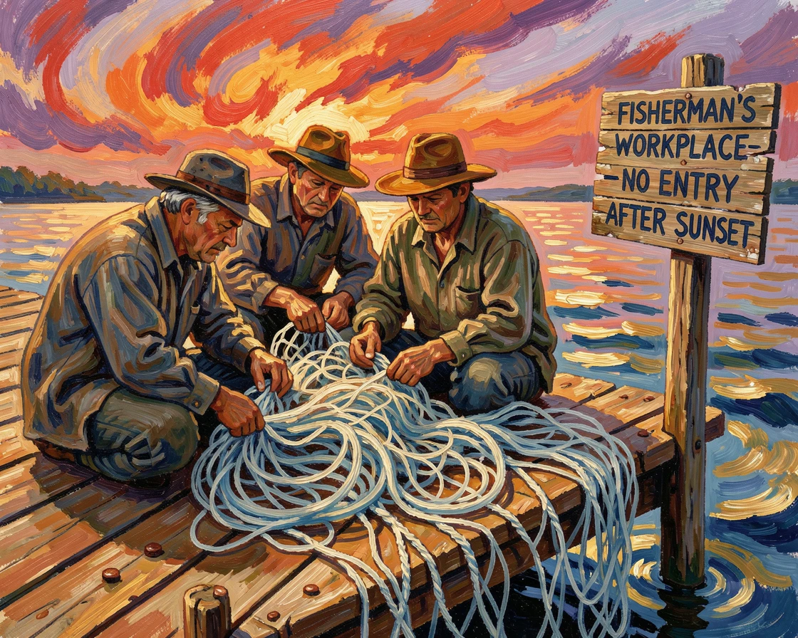 A group of fishermen mending nets together on a weathered dock at sunset.