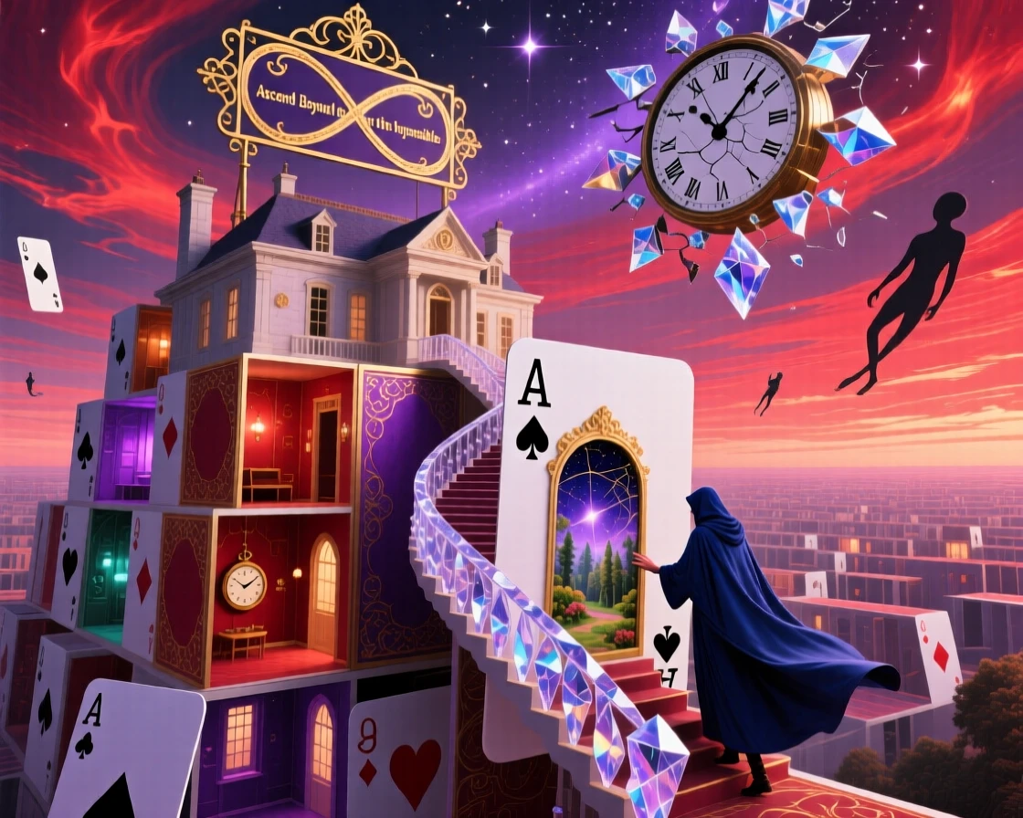 A mansion whose rooms are stacked like playing cards stretches farther than the eye can follow, as a lone traveler climbs toward its summit.