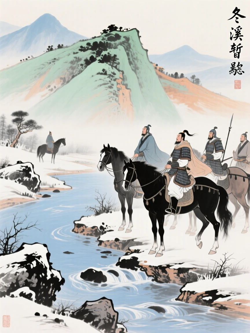 Warriors on horseback pausing to rest beside a mountain stream, as winter frost settles, imbued with timeless calm.