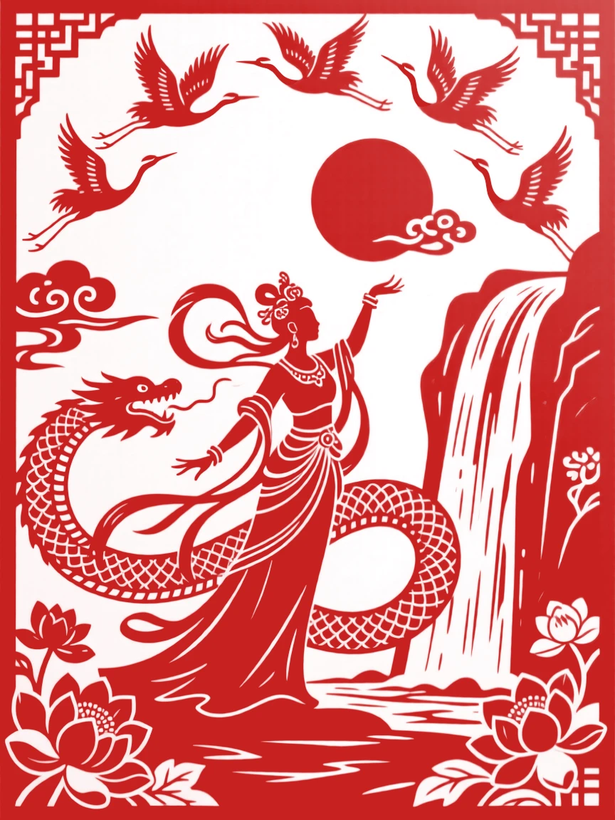 A moon goddess attendant, battling a serpent beside a raging waterfall, as a flock of cranes circles overhead in reverence.