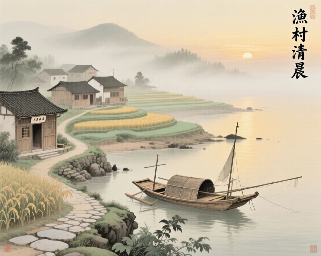 A quiet fishing village along a foggy coastline, with soft golden light spilling across the terraced fields