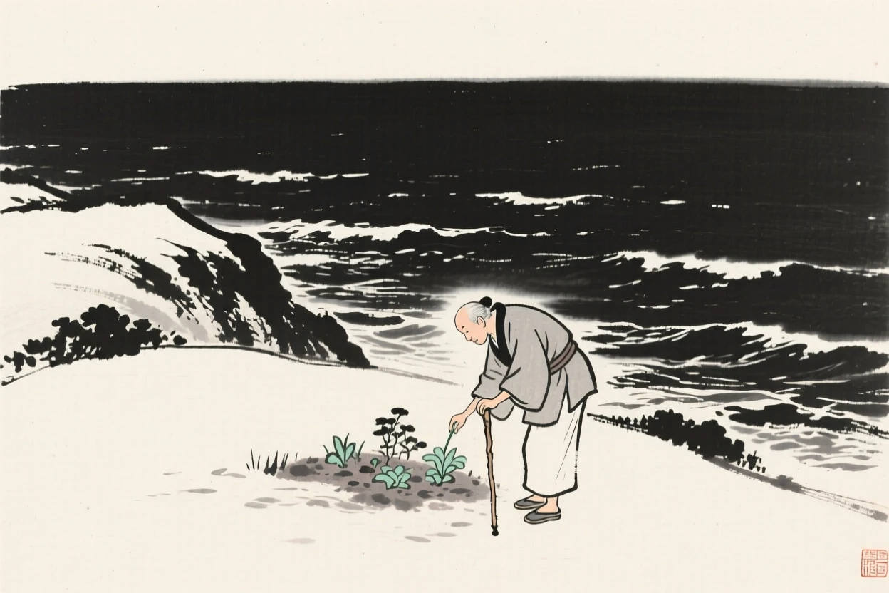 A lone traveler with a walking staff tending to a small garden plot on a hillside overlooking the sea, framed intimately, focusing on quiet gesture and expression, carrying a tender sense of familial warmth.