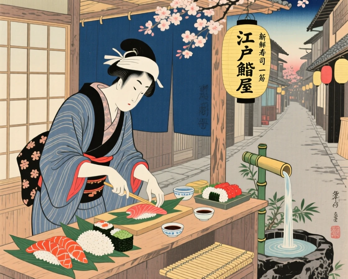 A street food vendor preparing sushi with precise movements behind a counter.