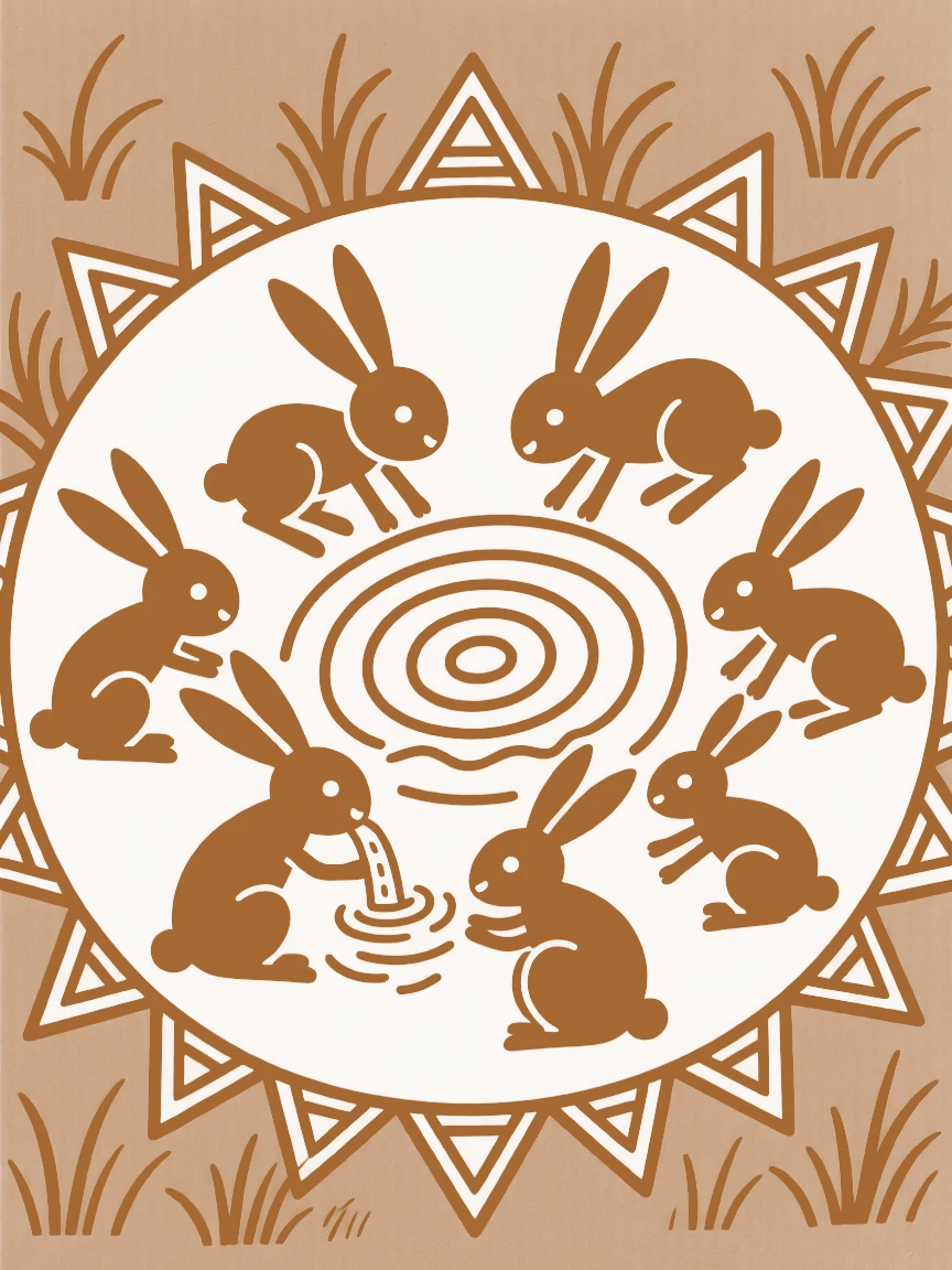 A family of rabbits gathering at a watering hole.