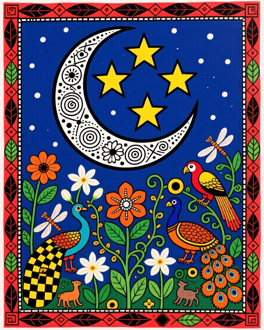 The moon cradled among stars above a garden of night-blooming flowers.