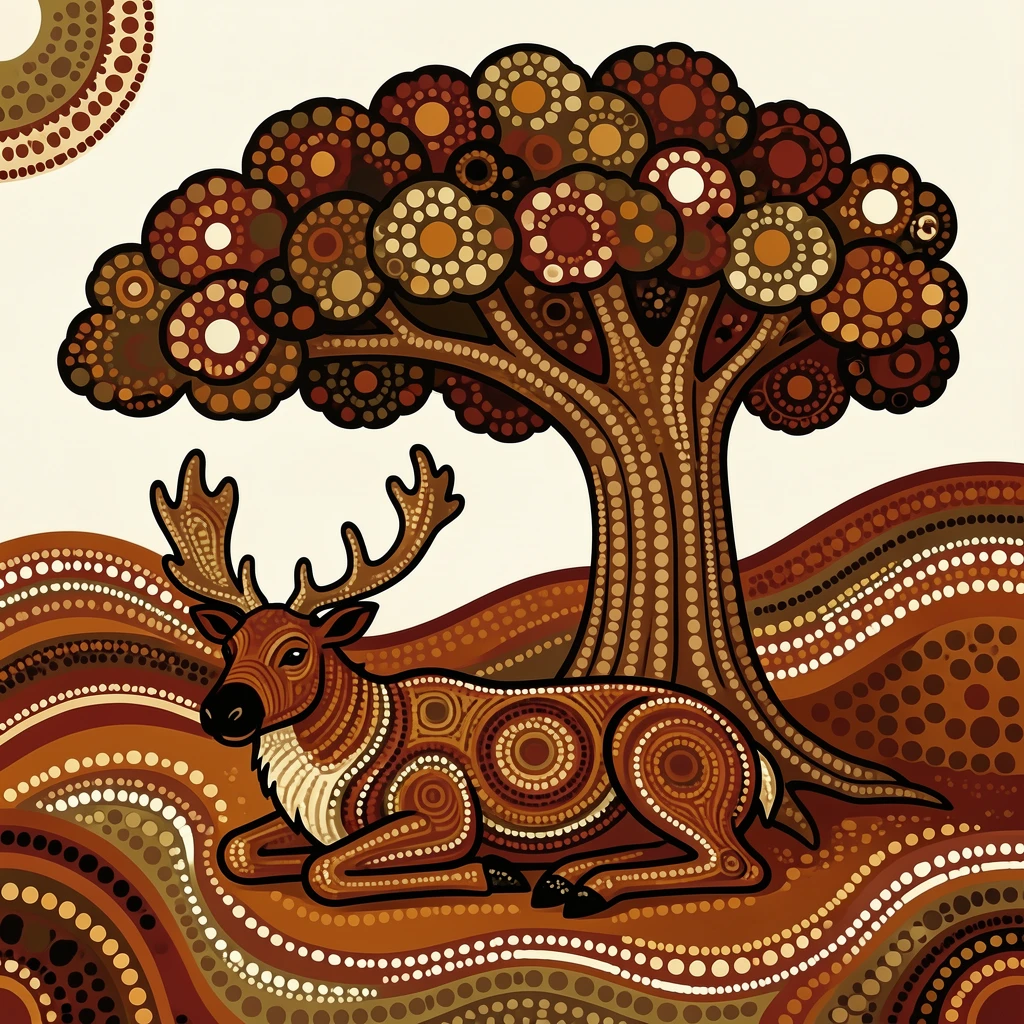 A caribou resting beneath a shady tree