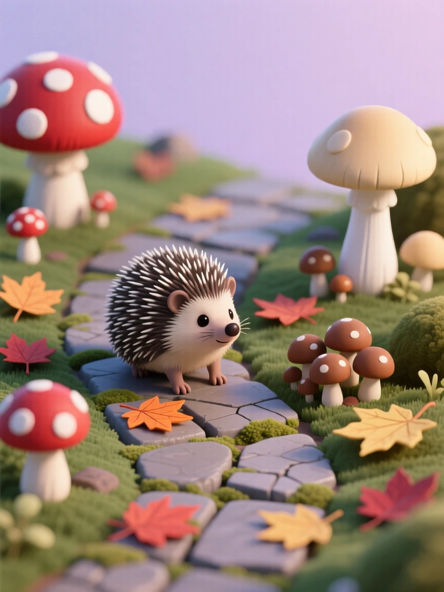 A curious hedgehog exploring a garden path lined with mushrooms and fallen leaves under soft evening light.