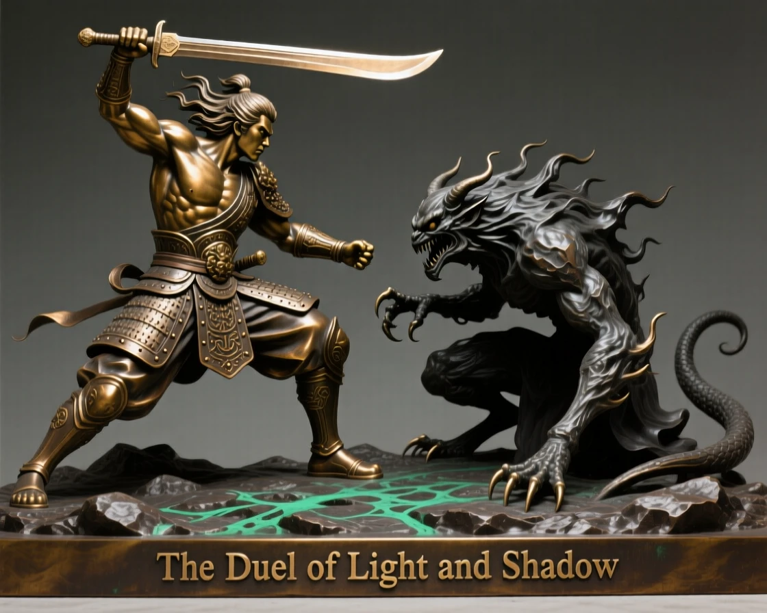 A legendary swordsman facing a shadow demon, captured in a powerful, dynamic pose, radiating awe and grandeur
