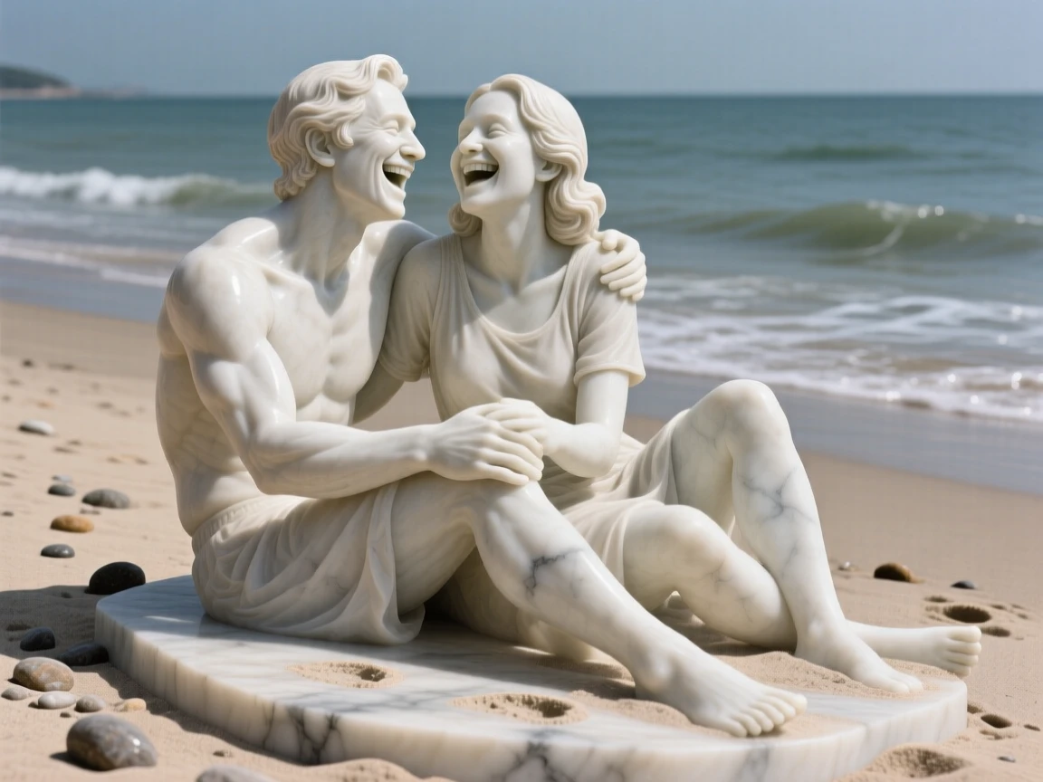 An emotionally powerful scene of a couple laughing together on a quiet beach, filled with warmth, tenderness, and connection