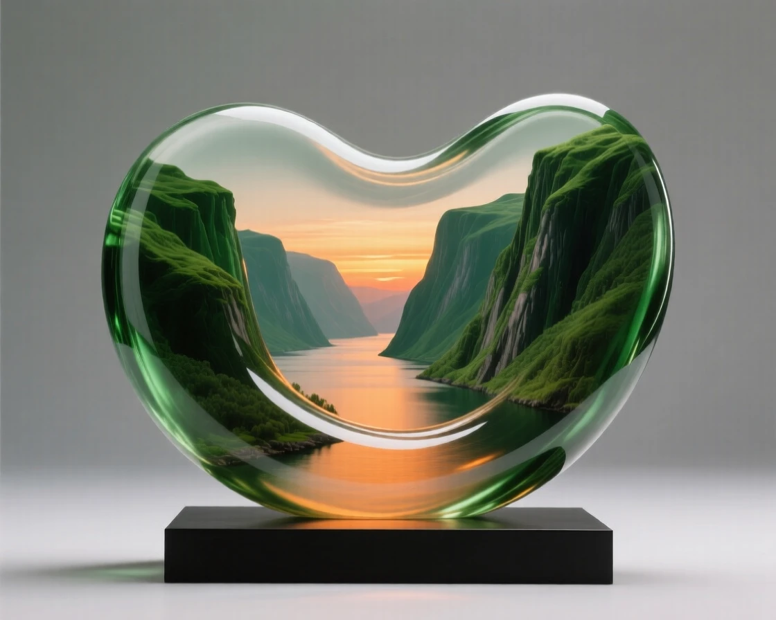 A fjord surrounded by steep green cliffs bathed in the warm glow of sunset, rich saturated colors, evoking a deep sense of wonder.