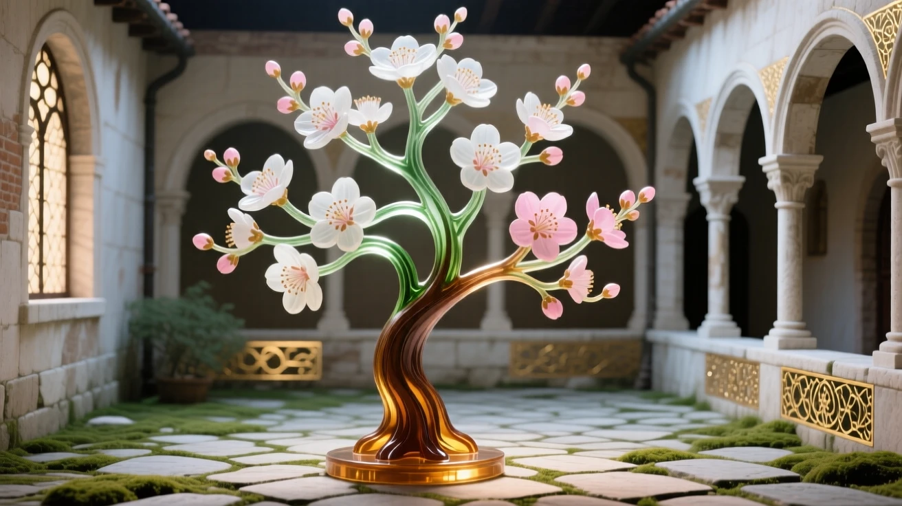 A quiet monastery courtyard with a single blossoming tree at its center, peaceful and contemplative.