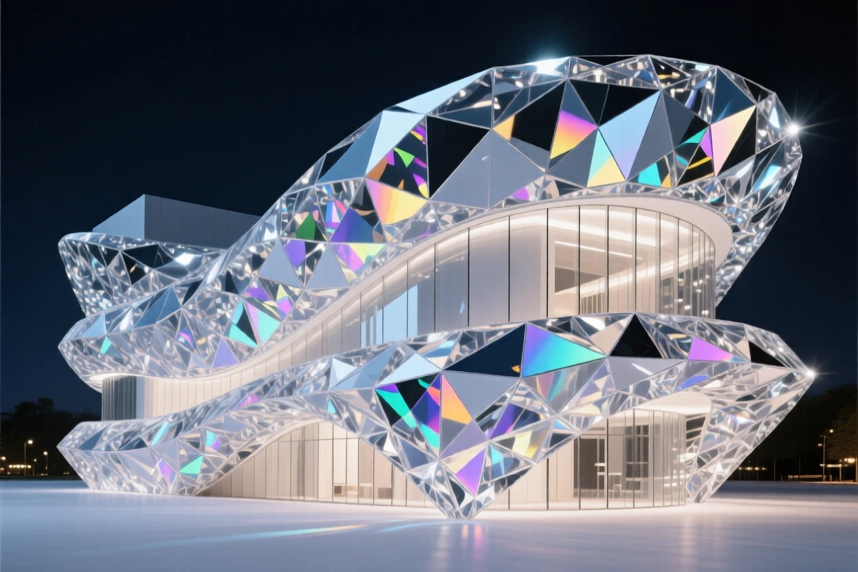 The dramatic curved facade of a modern museum illuminated at night.