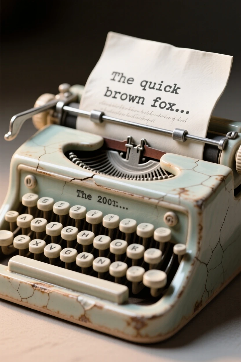 A vintage typewriter with a page mid-type framed in soft, warm ambient light, showing small, charming signs of age, evoking nostalgia and quiet charm.