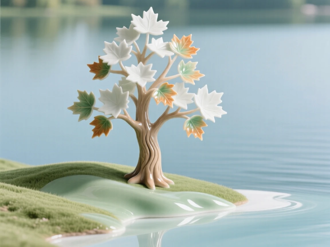 A towering maple tree standing alone on a grassy hill in a quiet lakeside setting.