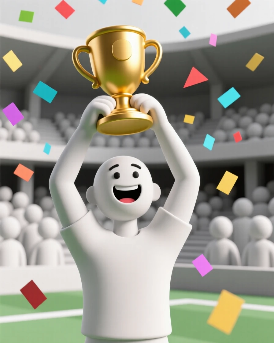A joyful athlete raises a golden trophy overhead, confetti raining down on a packed stadium.