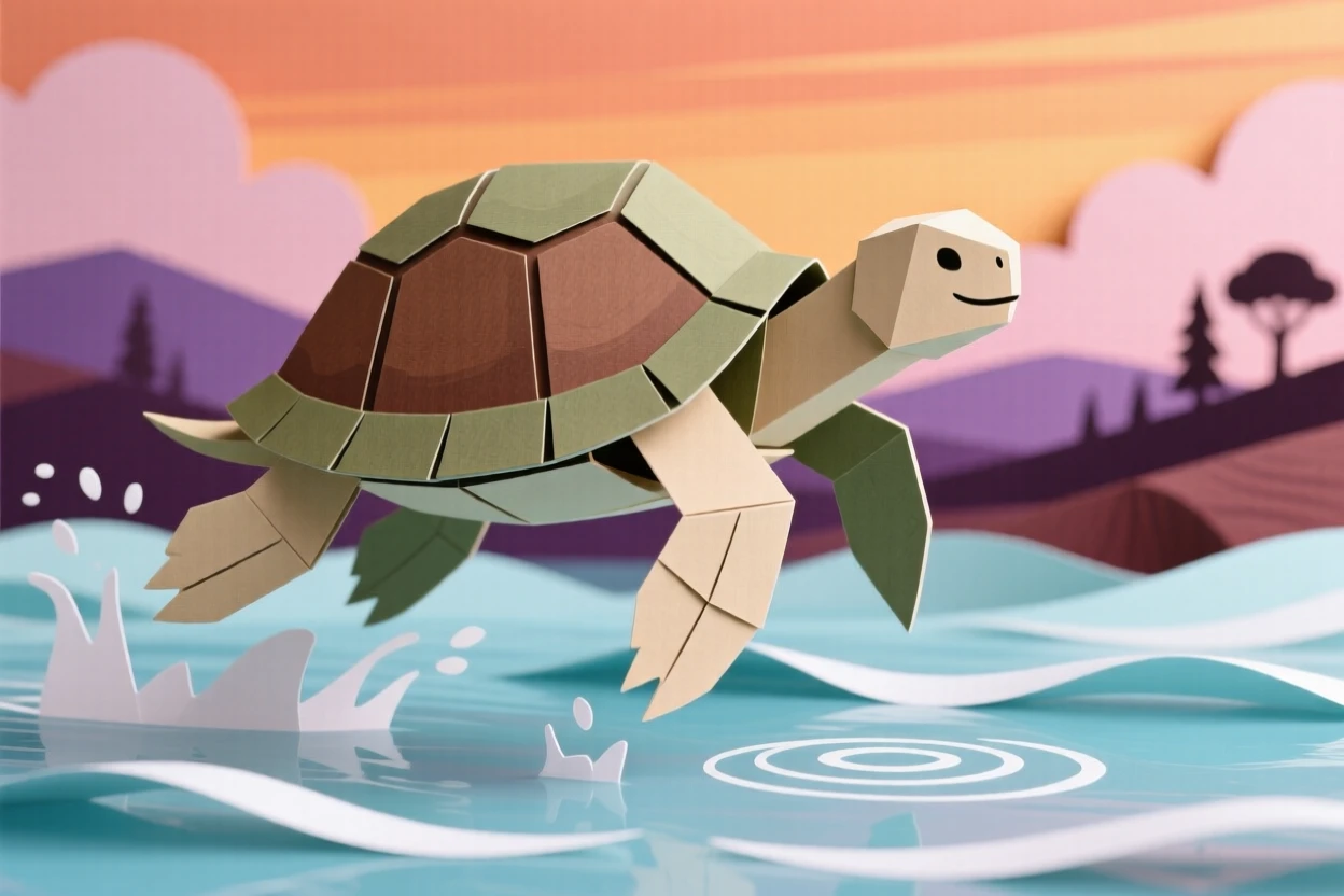 A gentle giant tortoise leaping through shallow water, with warm sunset colors filling the sky, conveying quiet dignity and grace.