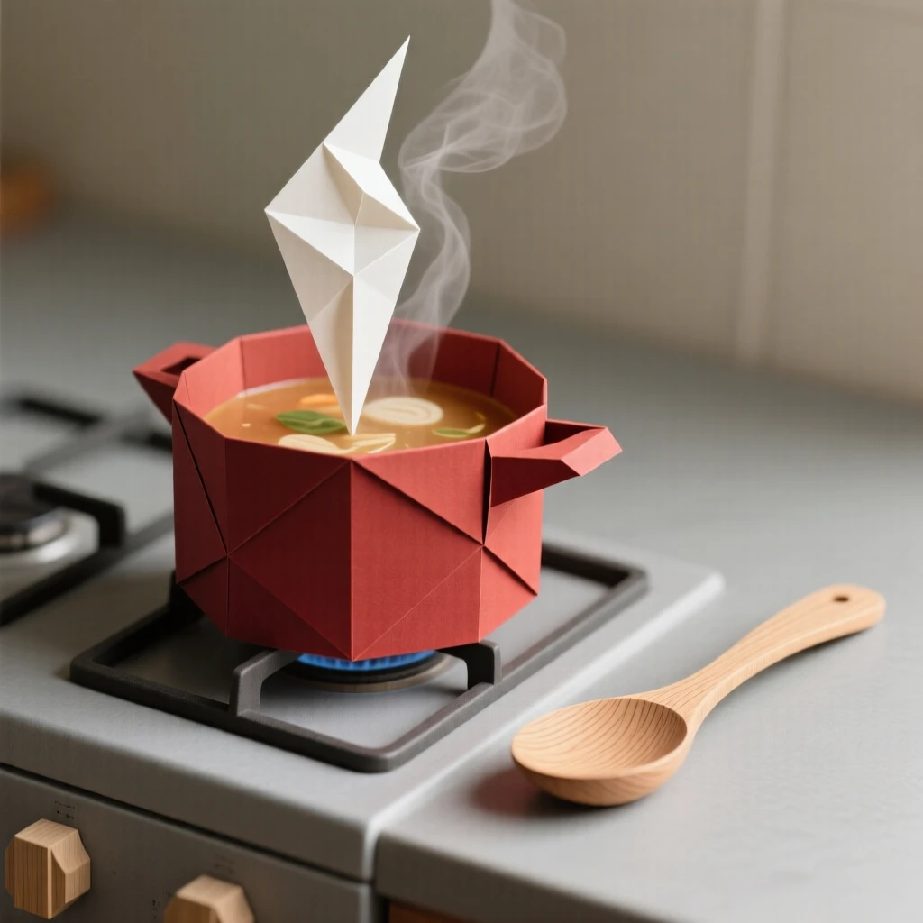 A steaming pot of soup simmering on the stove, a wooden spoon resting on the counter.
