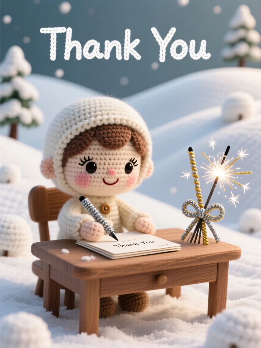 A festive scene of a small child holding a stack of thank-you cards with a warm smile, writing a note at a cozy desk within a rolling hillside blanketed in fresh snow; a bundle of sparklers ready to light nearby, radiating playful delight in seasonal change.