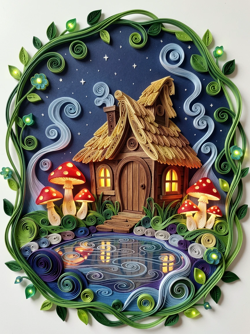 a witch's cottage nestled among glowing toadstools, on the shore of a starlit magical lake, framed by an arch of twisting glowing vines, with delicate wisps of magical mist curling upward.