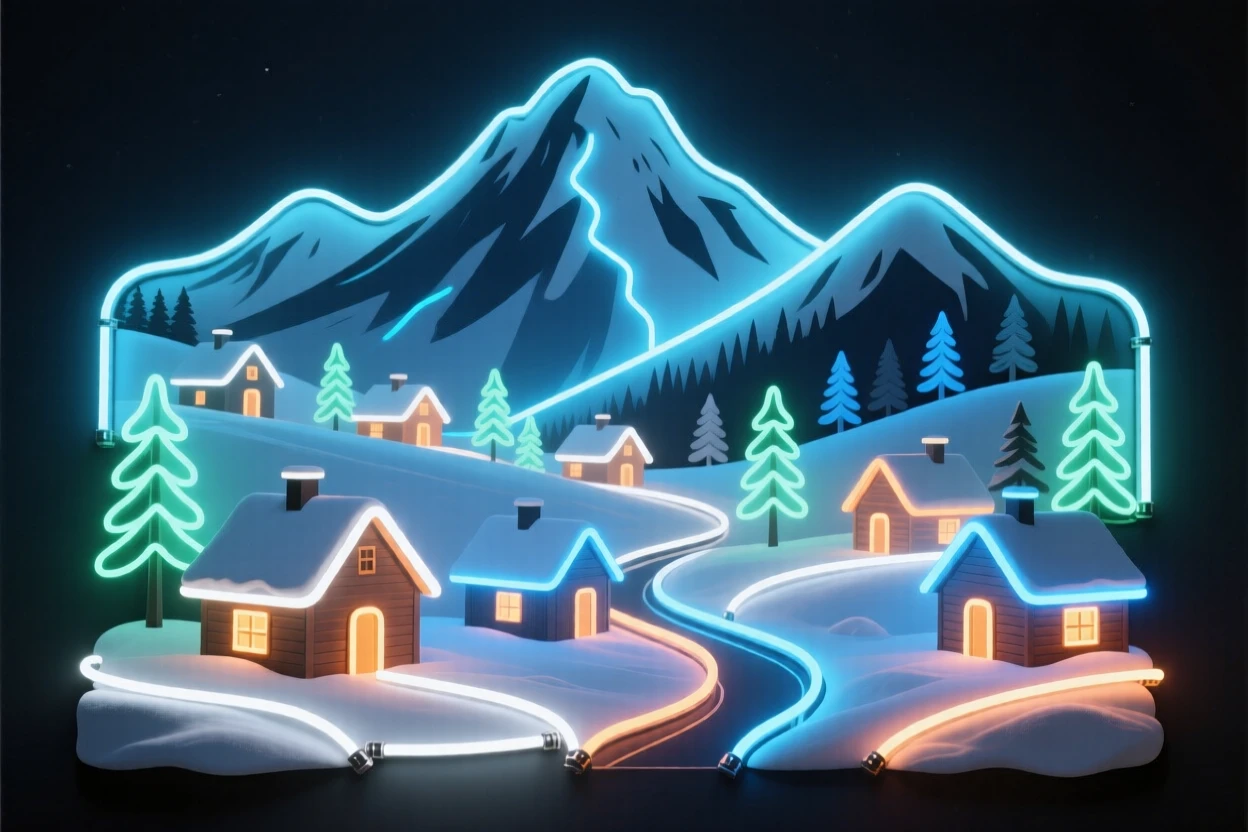 A snow-dusted village nestled at the base of a mountain range.