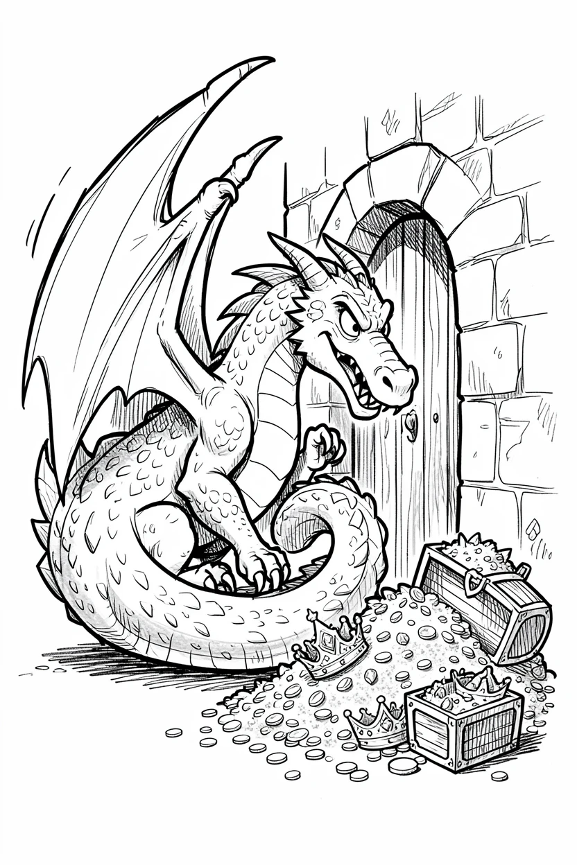 A dragon guarding a castle gate beside a hoard of glittering treasure.