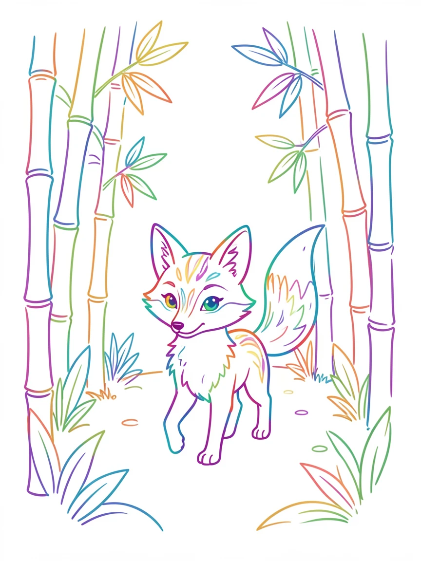 A tiny fox spirit with glowing markings walking through a bamboo forest.