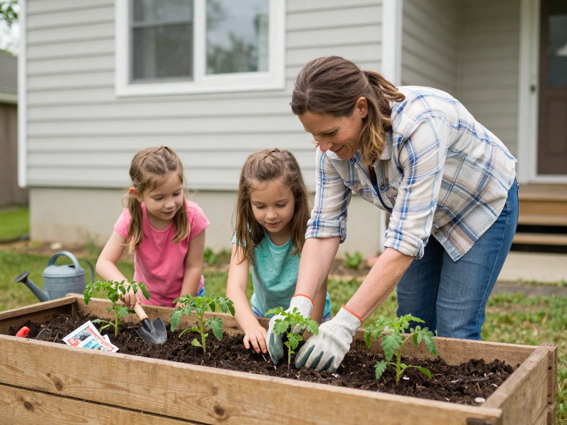 An aunt and her nieces plant tomato seedlings together in raised garden beds behind a small house.