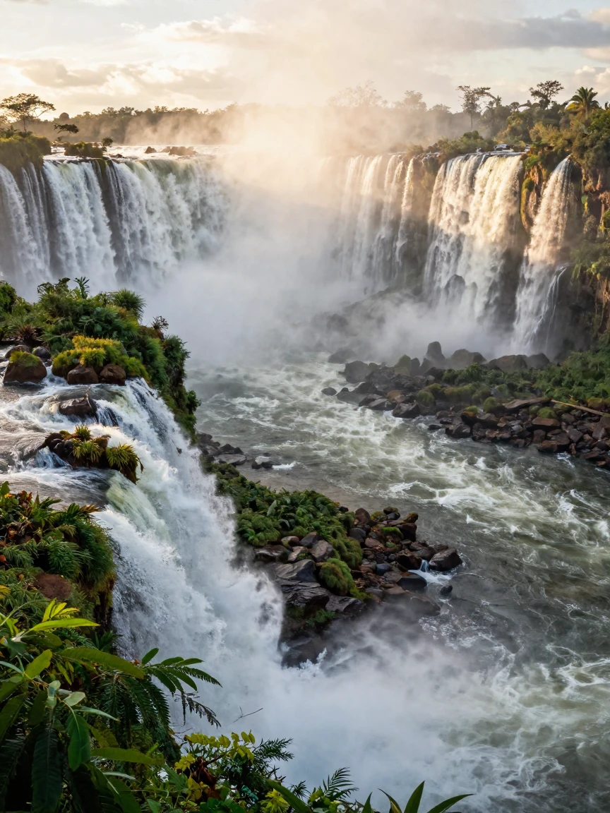 Iguazu Falls thundering over lush green cliffs in a wall of mist