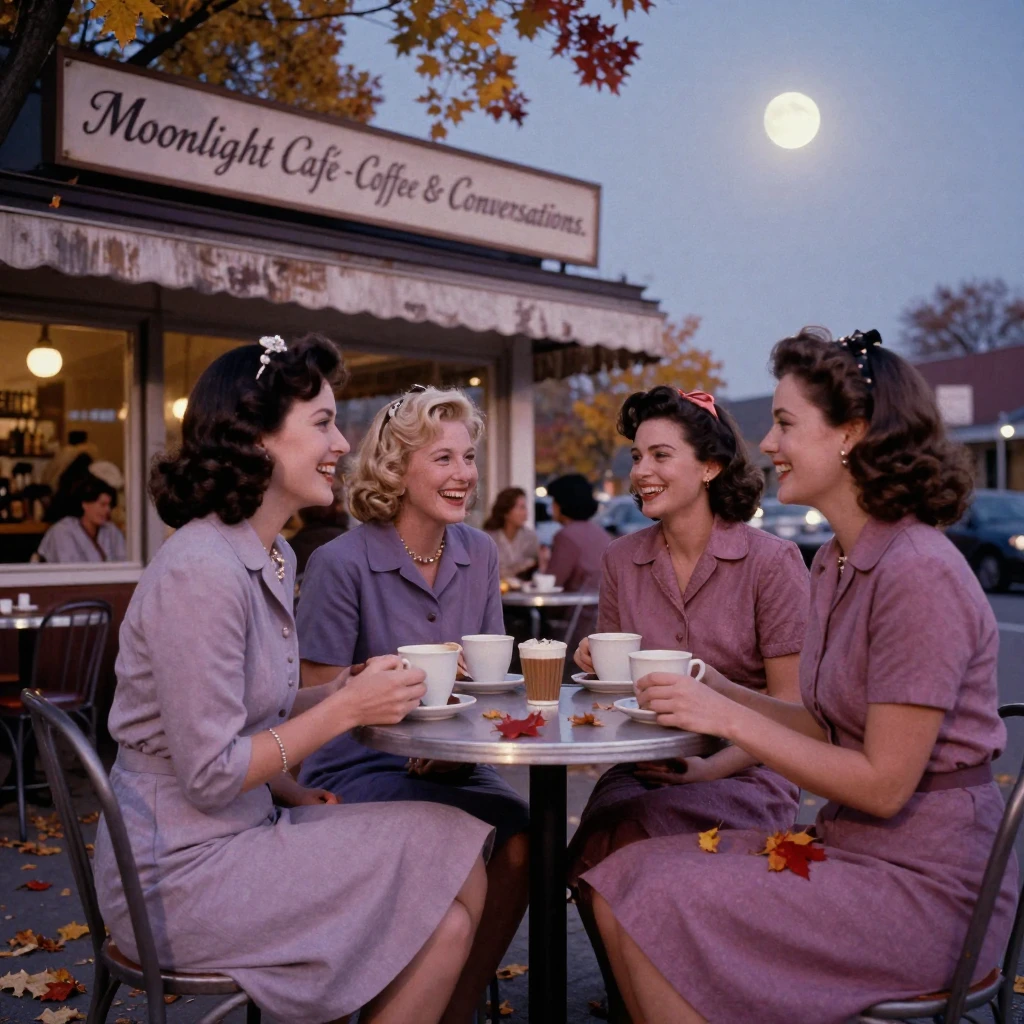 A group of women laughing together over coffee at a sidewalk café, under moonlight, in still, windless air, as autumn leaves turn gold and red, in dusty lavender and rose tones, at eye level, intimate and direct.