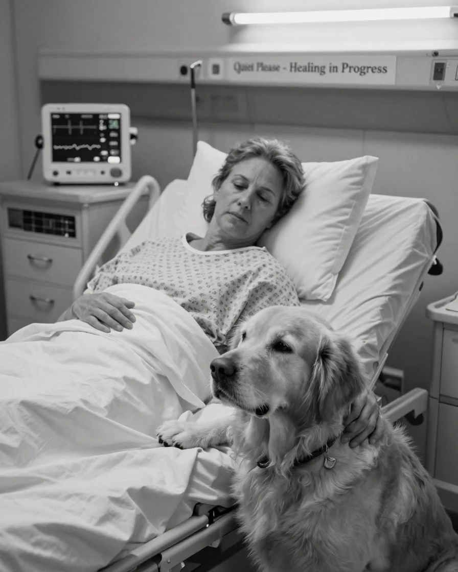 A therapy dog comforts a patient in a hospital bed within a quiet hospital ward.